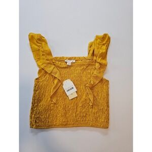 Monteau Smocked Ruffle Crop Top Womens Medium Yellow Linen Blend Mustard New